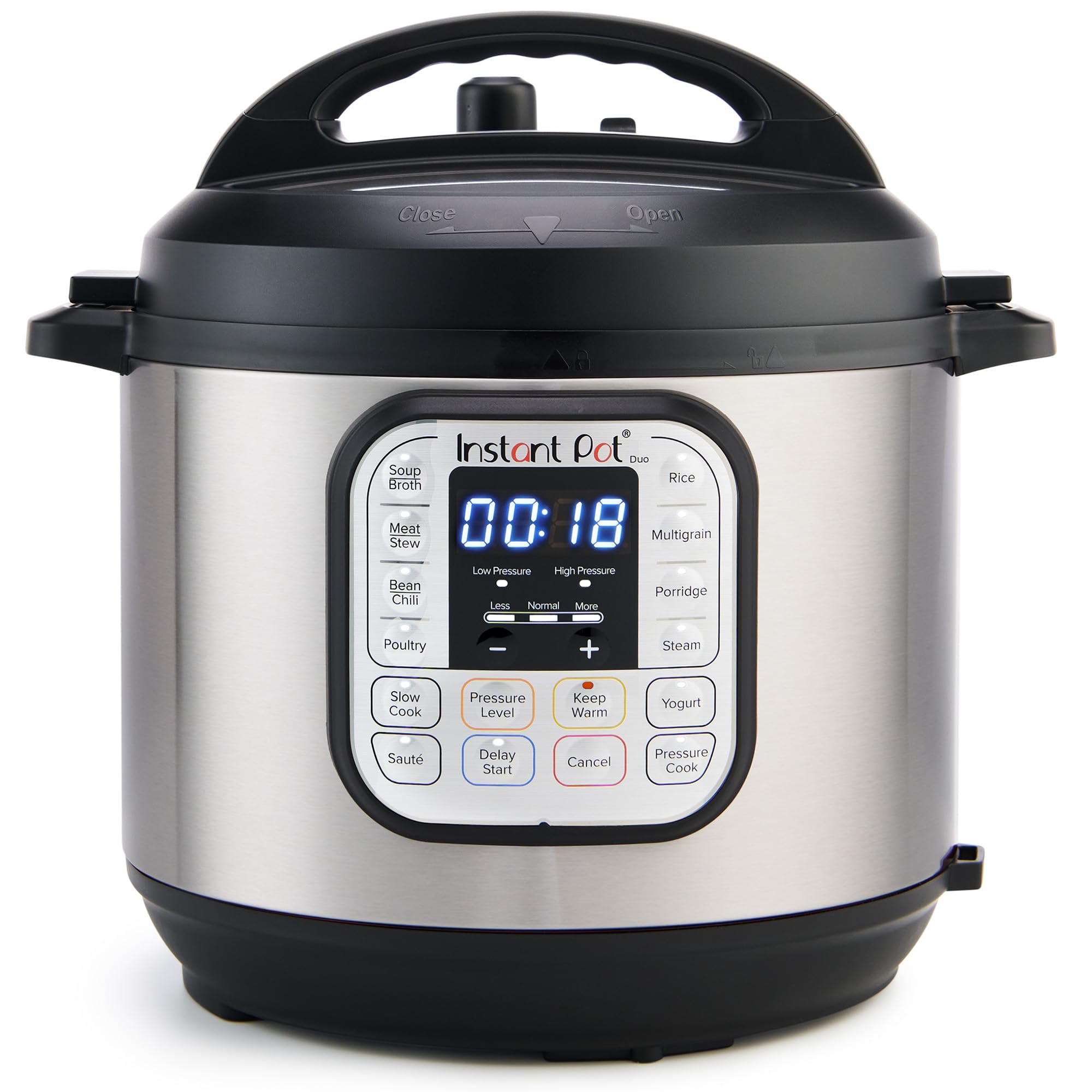 Stainless steel electric pressure cooker, control panel lit and reading eighteen minutes