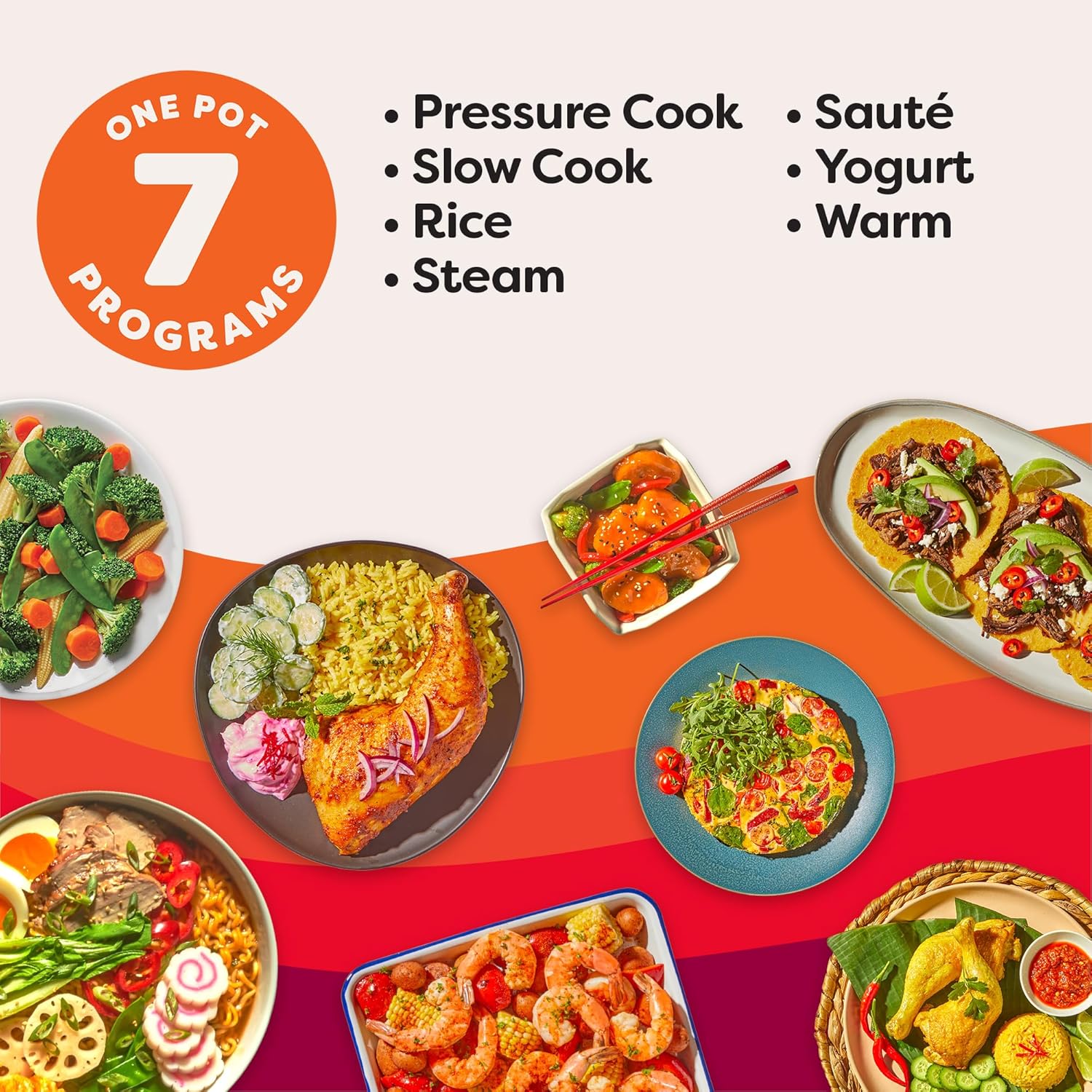 Seven cooking programmes shown around a table of finished dishes