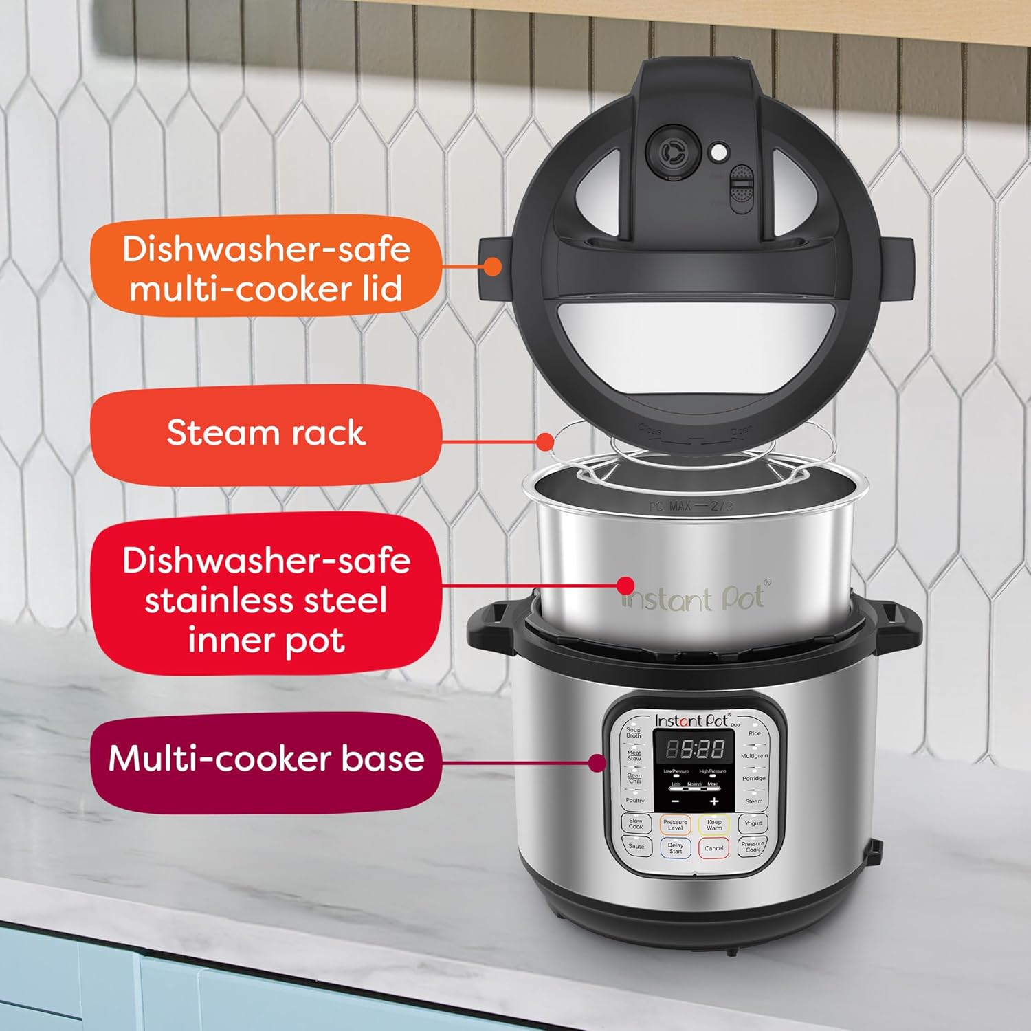 The cooker with its stainless steel steamer rack inside the pot